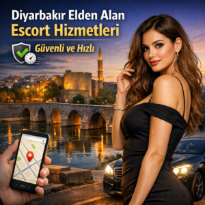 A woman in a black dress poses confidently beside bold Turkish text promoting escort services in Diyarbakır.