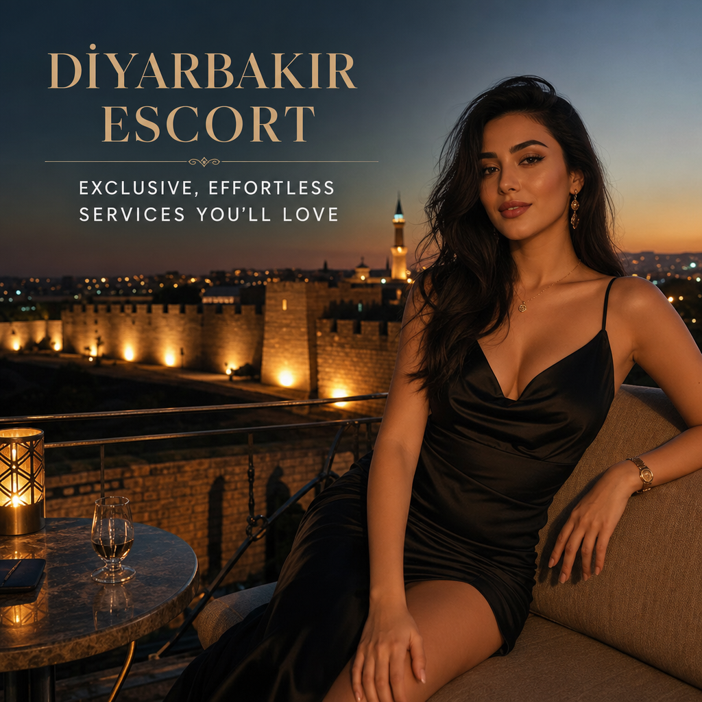 Diyarbakır escort arayışları güvenlik - Elegant woman in a black dress promoting Diyarbakır escort services against a Diyarba