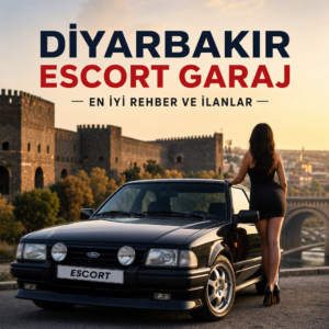 Black Ford Escort car with a woman in front of a cityscape background, for a Diyarbakır escort service ad
