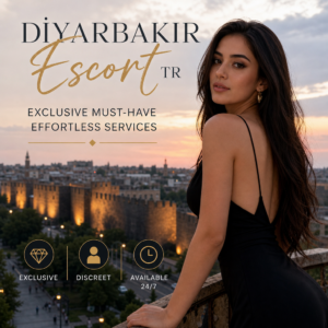 Diyarbakır escort service ad with a woman and cityscape background, promoting discreet 24/7 exclusive services.