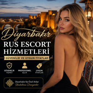 Diyarbakır'da Rus escort hizmetlerini tanıtan, şık kıyafetli bir kadın profesyonel bir ortamda poz veriyor.