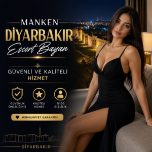 Bir kadının yanında Diyarbakır yazan beyaz arka planlı escort ve manken tanıtım görseli.