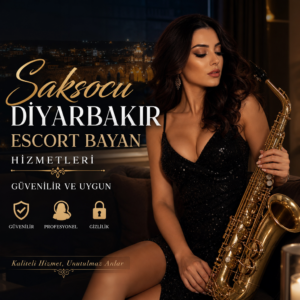 Elegant woman in a black dress holding a saxophone, standing confidently, promoting professional escort services.