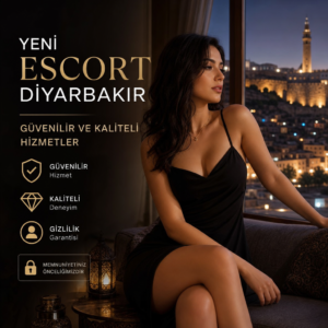 Yeni Escort Diyarbakır - Young woman in a black dress stands before a cityscape, promoting reliable and quality escort servic
