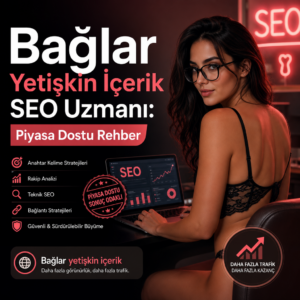 Illustration of Bağlar yetişkin içerik SEO uzmanı analyzing keywords and competitors for technical SEO services.