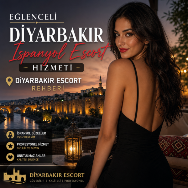 A young woman in a black dress poses on a sofa, promoting a Spanish escort service in Diyarbakır.